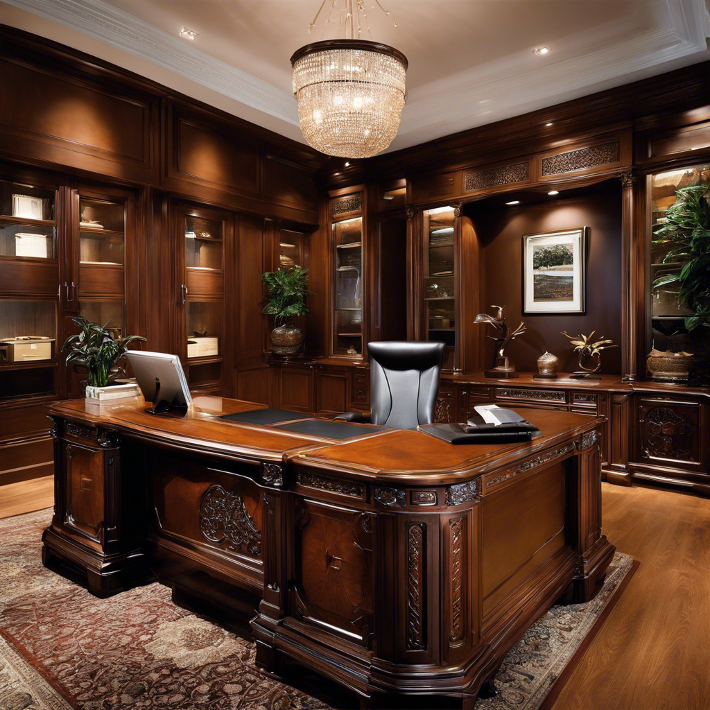 An image showcasing opulent office design with meticulously crafted workstations, adorned with sleek, hand-carved wooden accents, luxurious leather seating, and state-of-the-art technology seamlessly integrated, exuding an atmosphere of unparalleled elegance and productivity