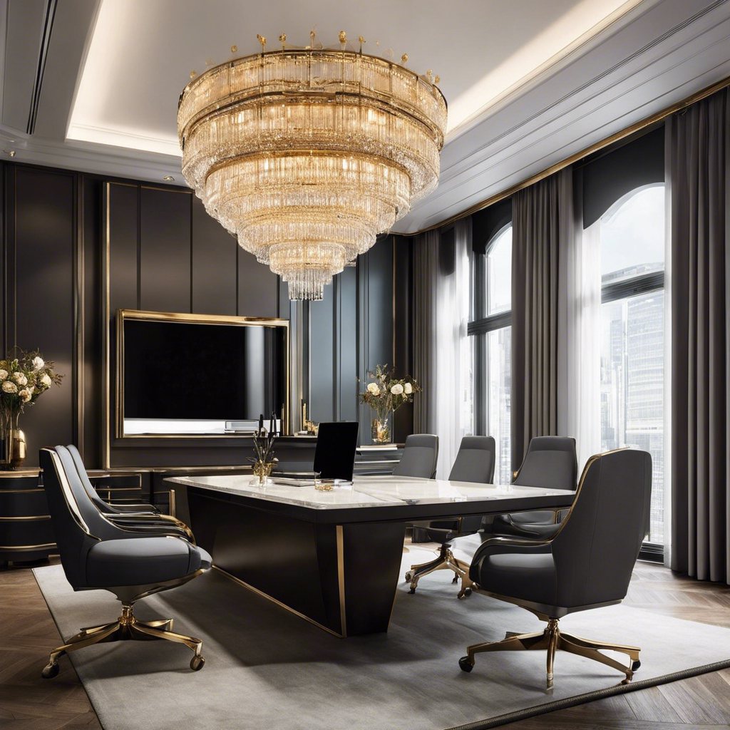 An image that showcases opulent luxury office design with a focus on statement lighting