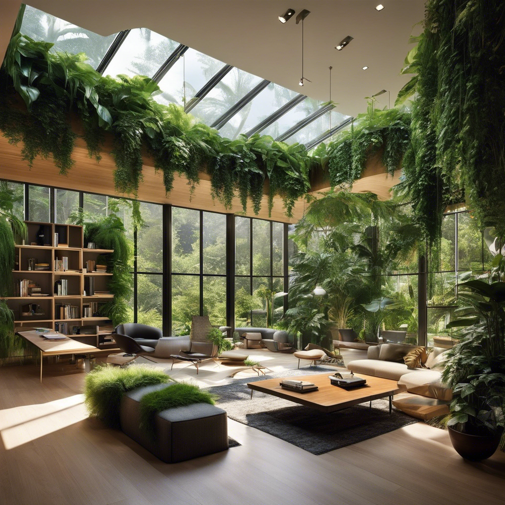 An image showcasing a sunlit, spacious office with floor-to-ceiling windows revealing lush greenery