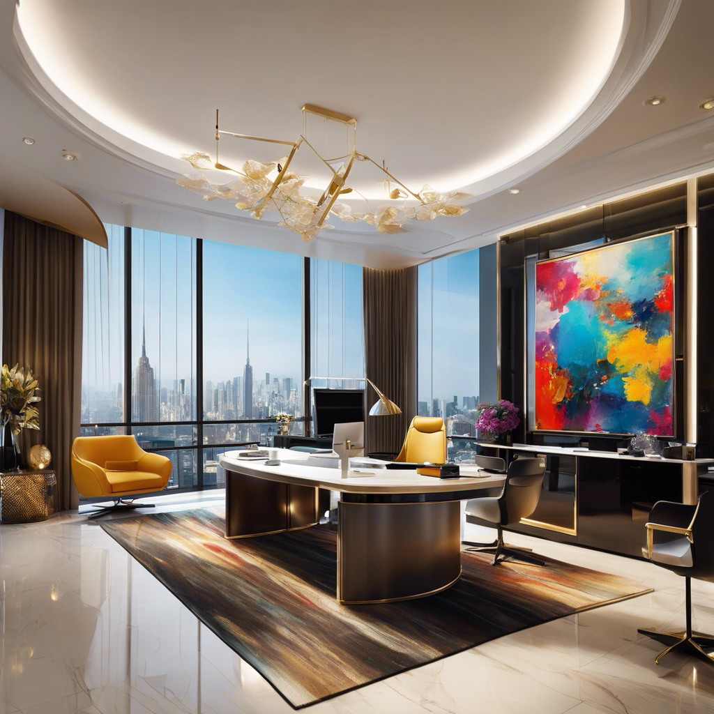 An image showcasing a luxurious office space adorned with exquisite abstract paintings, their vibrant colors harmonizing with sleek, modern furniture