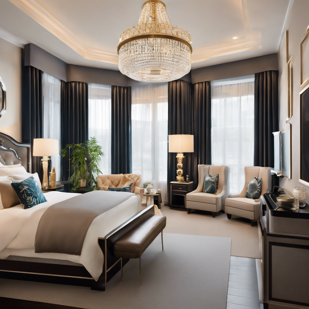 An image showcasing a lavish pet hotel suite adorned with plush bedding, an exquisite chandelier, and personalized pet care amenities like gourmet food bowls, a spa-like bathing area, and a dedicated play space
