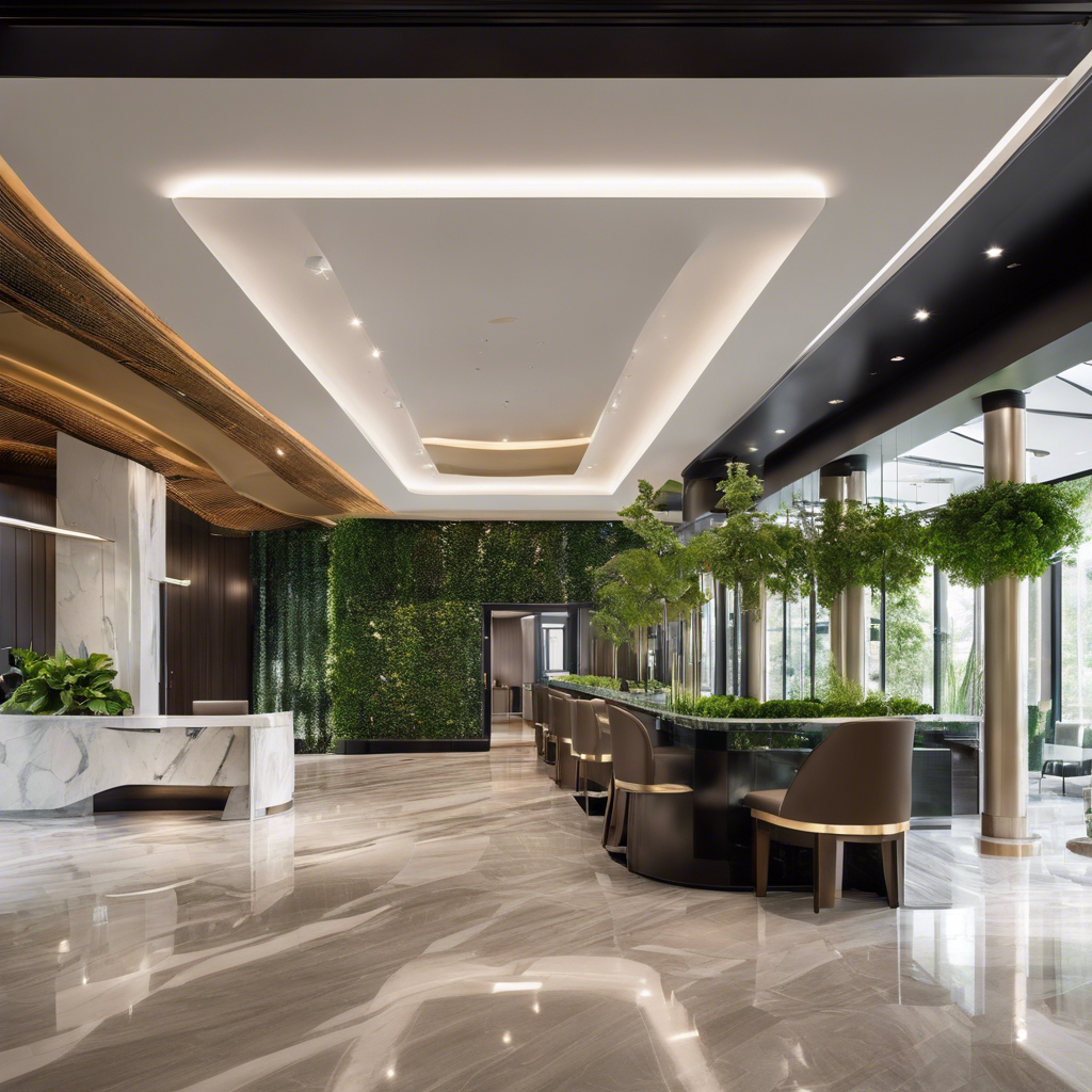An image showcasing a luxurious pet hotel's secure environment: an elegant reception area adorned with polished marble flooring, surrounded by floor-to-ceiling glass walls overlooking a verdant garden, and a state-of-the-art security system subtly integrated into the design