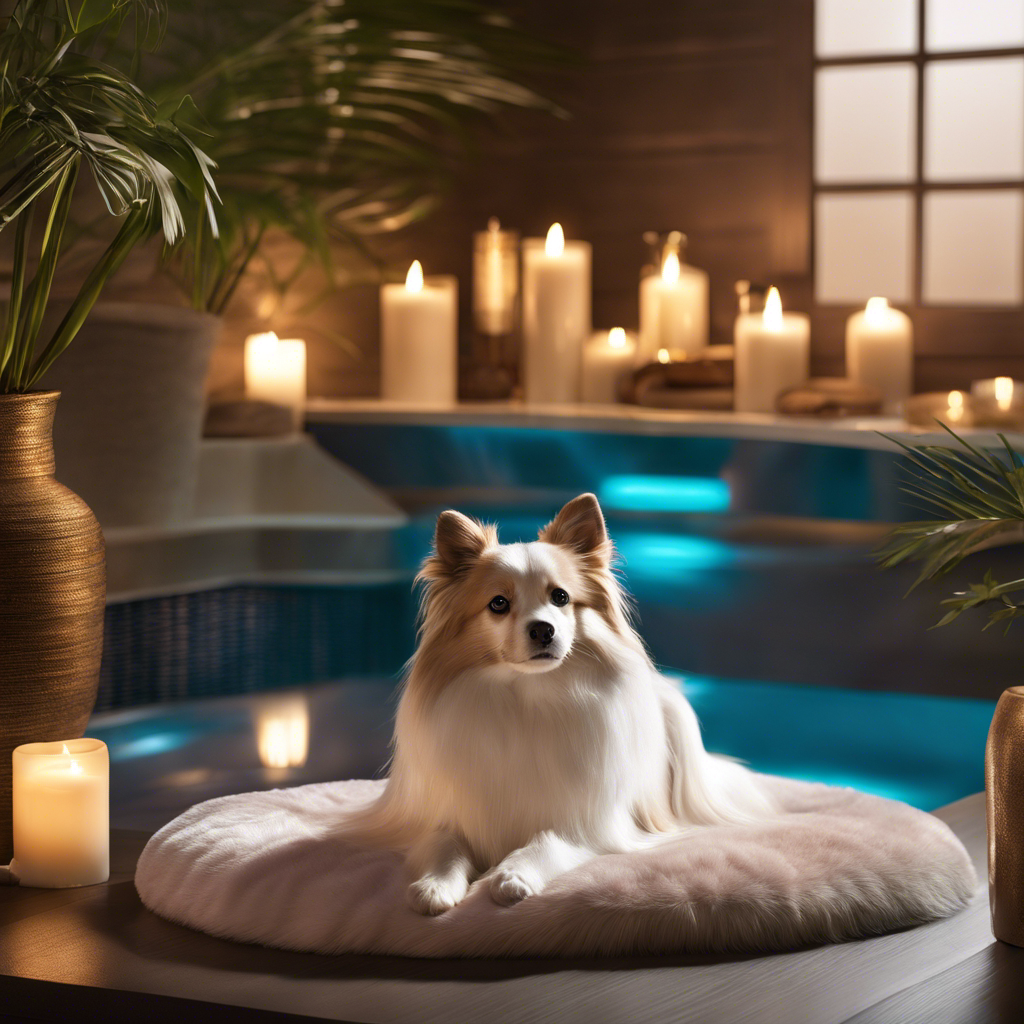 An image showcasing a pampered pet in a serene, opulent setting, surrounded by soothing ambient lighting, adorned with a fluffy robe, while enjoying a rejuvenating massage and a delicately scented aromatherapy session