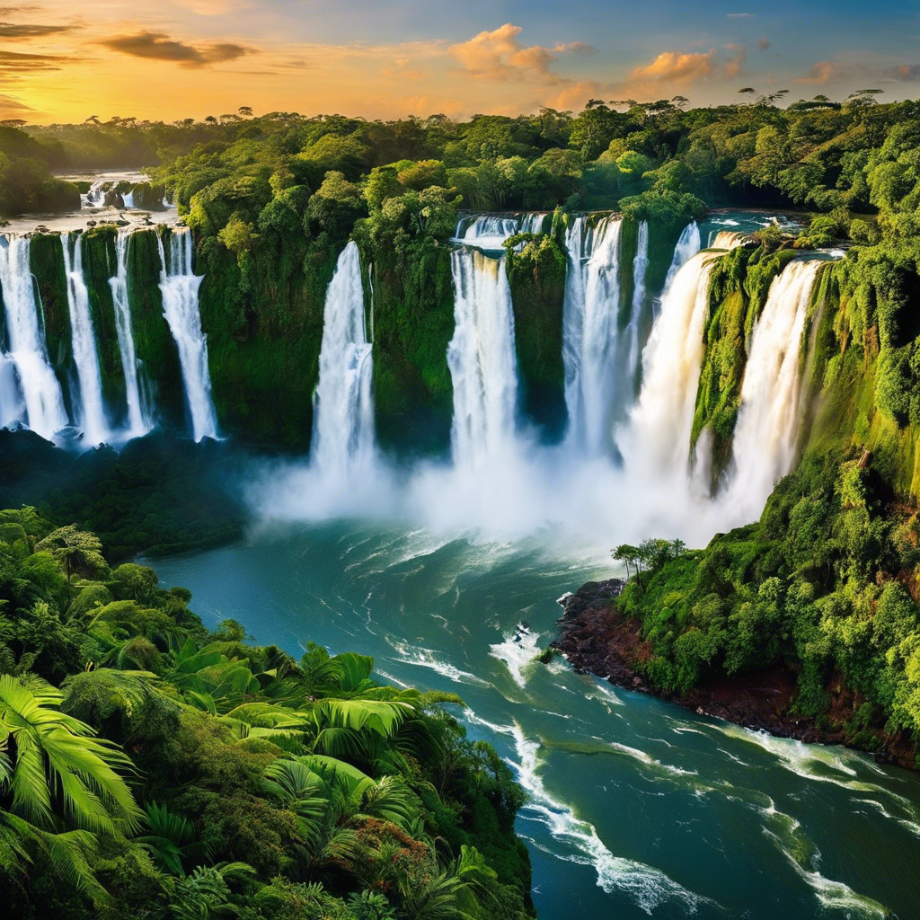 An image showcasing the breathtaking Iguazu Falls, capturing the powerful cascades crashing amidst lush rainforest