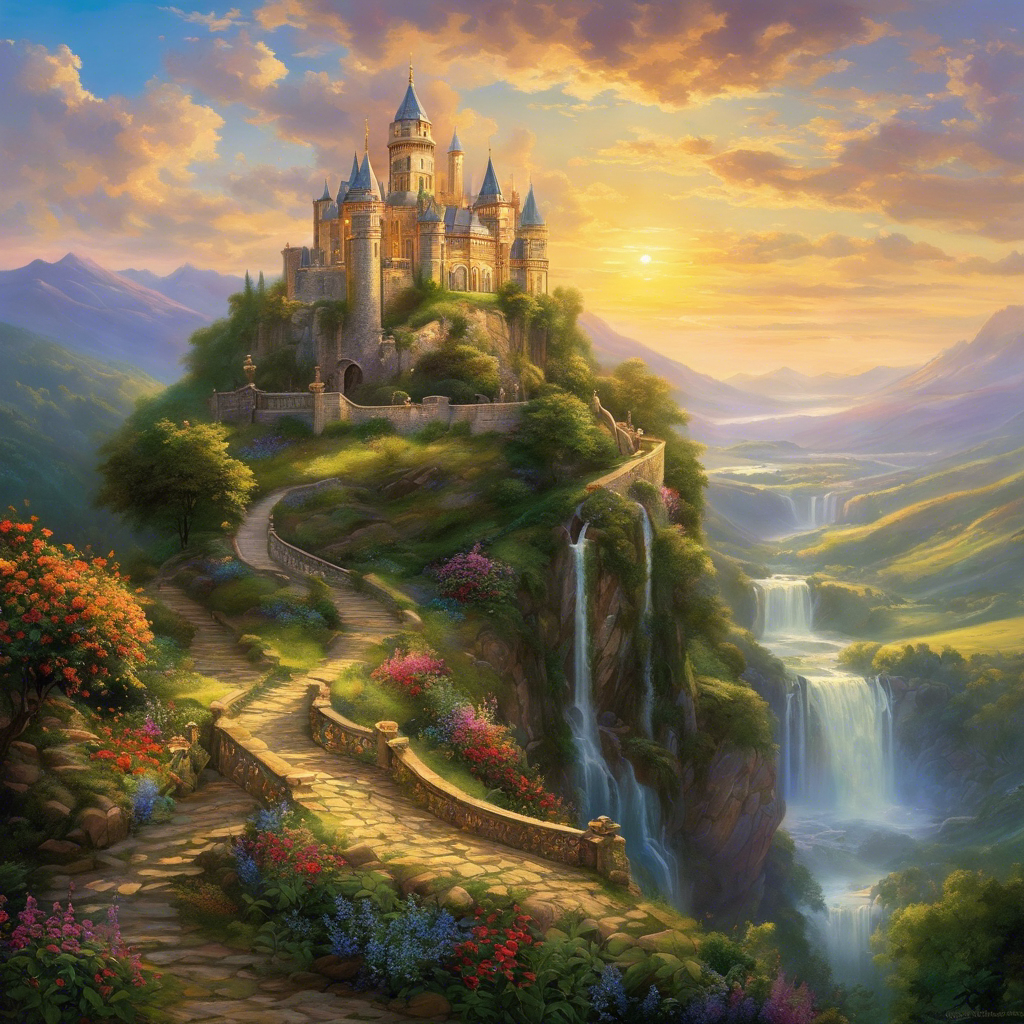 An image showcasing an opulent castle perched atop a verdant hill, with cascading waterfalls, surrounded by vibrant wildflowers