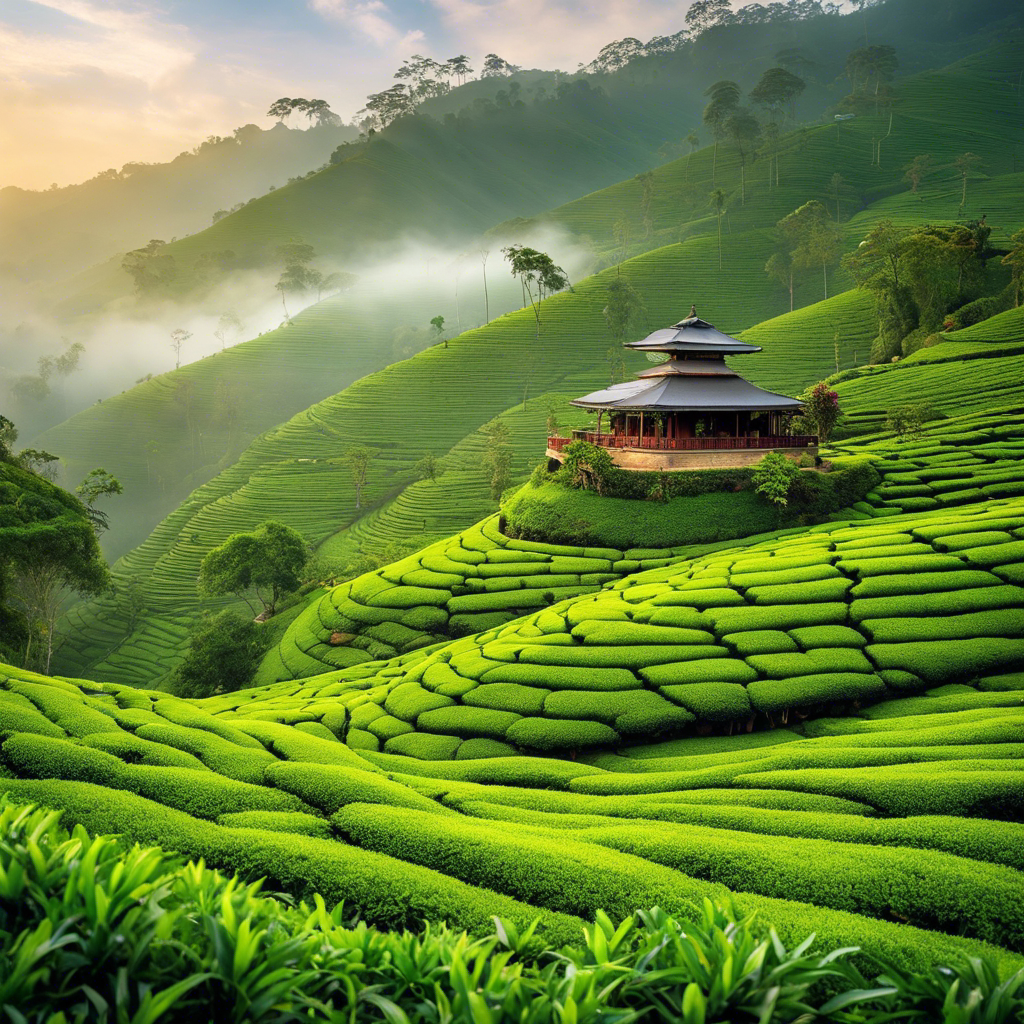 An image of a serene, emerald-green tea plantation nestled in the misty mountains of Sri Lanka