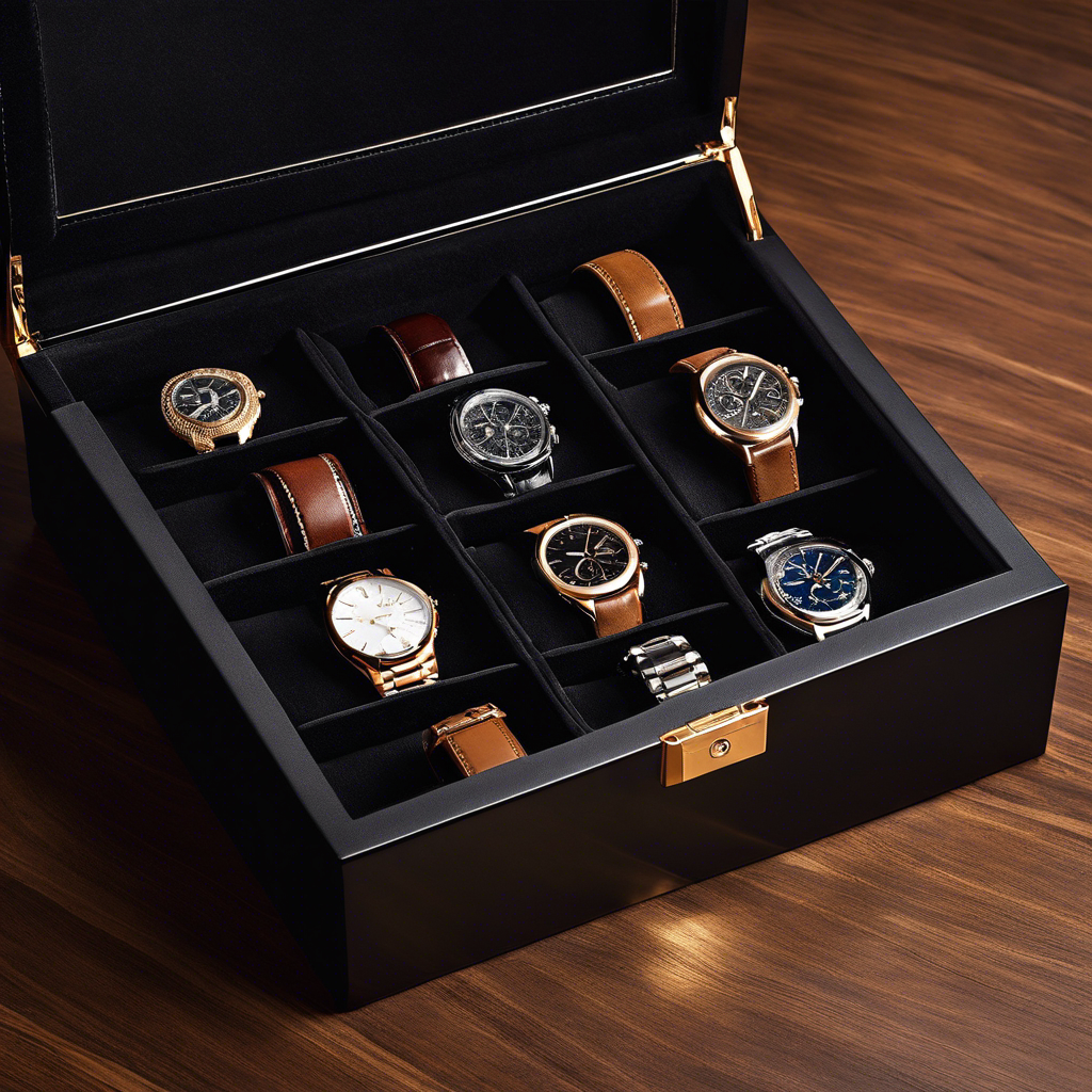 An image of a sleek, velvet-lined watch box with divided compartments, showcasing a collection of meticulously arranged luxury watches