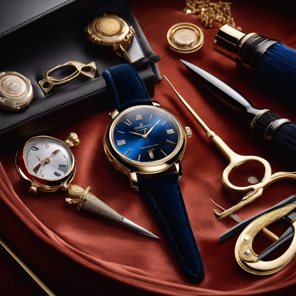 An image showcasing an elegant watch resting on a pristine velvet cushion, surrounded by delicate tools like a microfiber cloth, a precision screwdriver, and a polishing brush, highlighting the meticulous care needed to preserve your luxury timepiece's enduring value