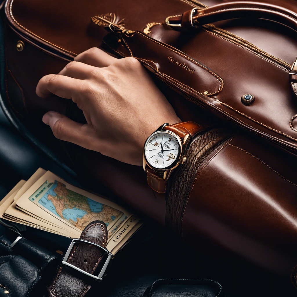 An image showcasing a sophisticated traveler's hand wearing a luxurious watch, perfectly set against a backdrop of a stylish leather travel bag, a world map, and a passport, symbolizing expert tips for safeguarding your luxury watch while traveling
