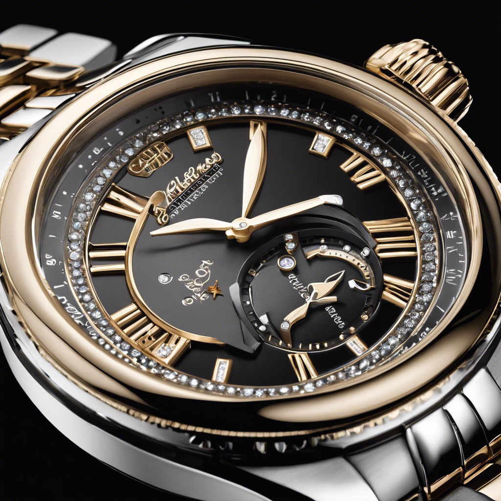 An image showcasing a polished stainless steel luxury watch, adorned with intricate engravings and shimmering diamonds
