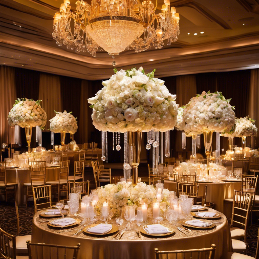 An image showcasing an opulent wedding reception hall, adorned with cascading floral centerpieces, crystal chandeliers reflecting soft lighting, and elegant gold accents, exuding an ambiance of extravagant luxury