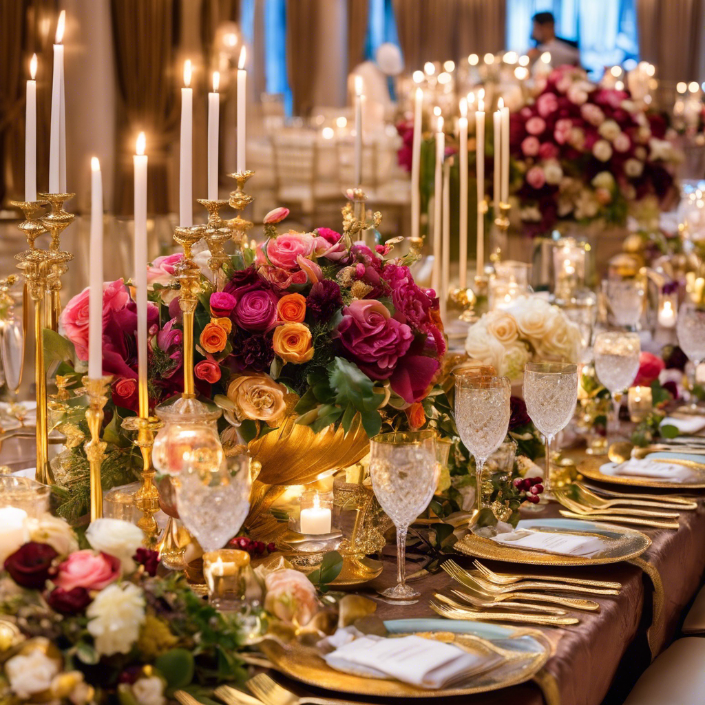An image showcasing an opulent tablescape with gleaming gold cutlery, cascading floral centerpieces, and exquisite fine china, adorned with a delectable spread of gourmet delicacies, offering a tantalizing glimpse into the world of lavish wedding dining