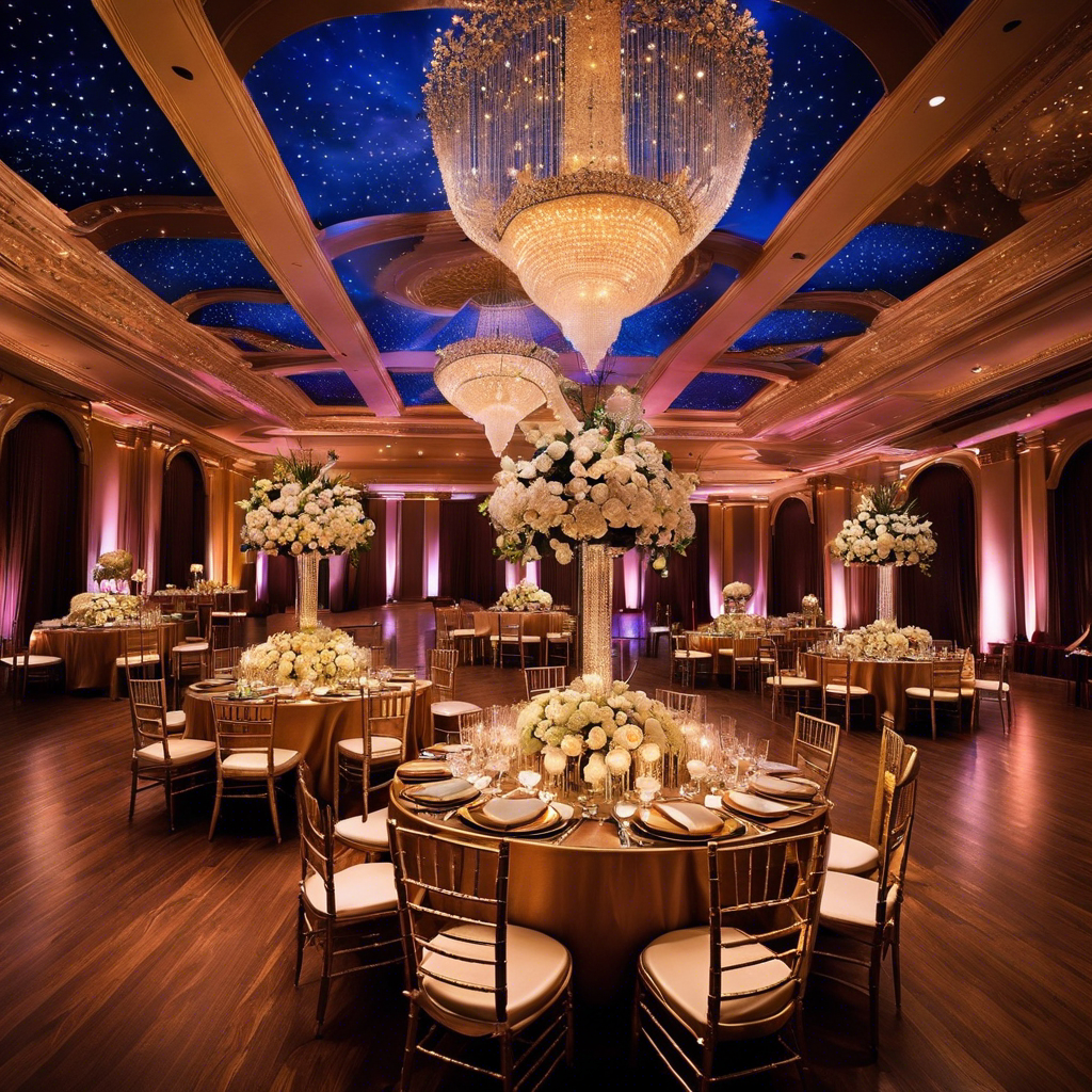 An image showcasing a lavish wedding reception filled with opulent entertainments: a grand chandelier-lit ballroom adorned with a live jazz band, a dance floor brimming with elegantly dressed guests, and a mesmerizing fireworks display illuminating the night sky