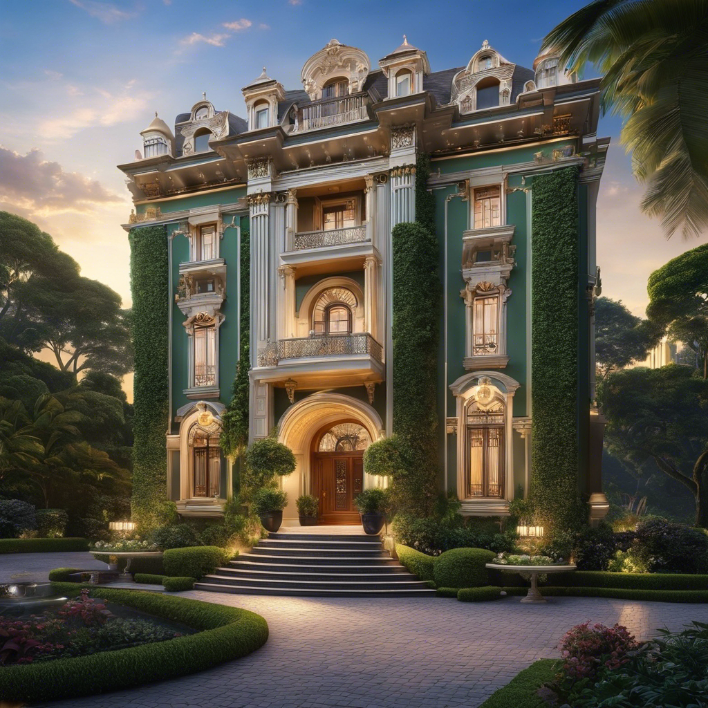 An image showcasing a grand, opulent historic mansion nestled amidst lush green gardens