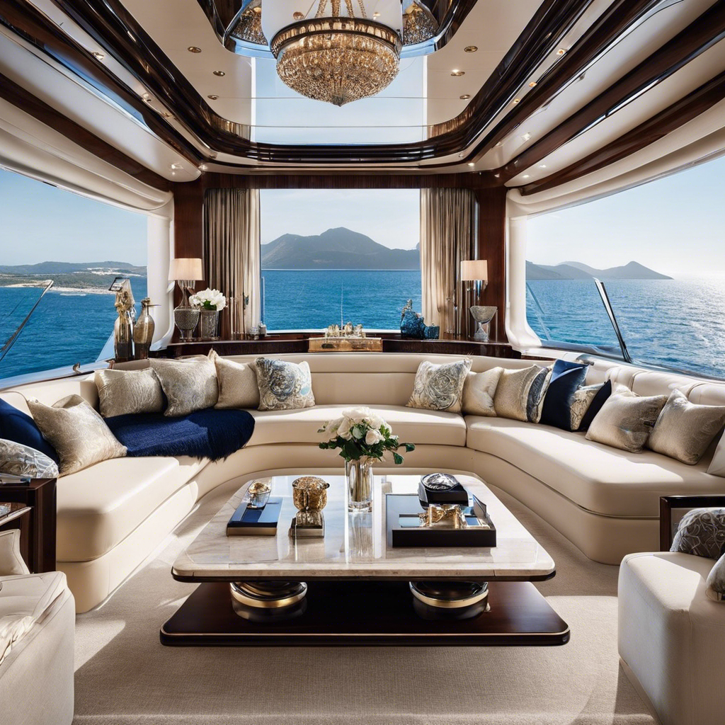An image showcasing a lavish luxury yacht interior with a vast open-plan living area