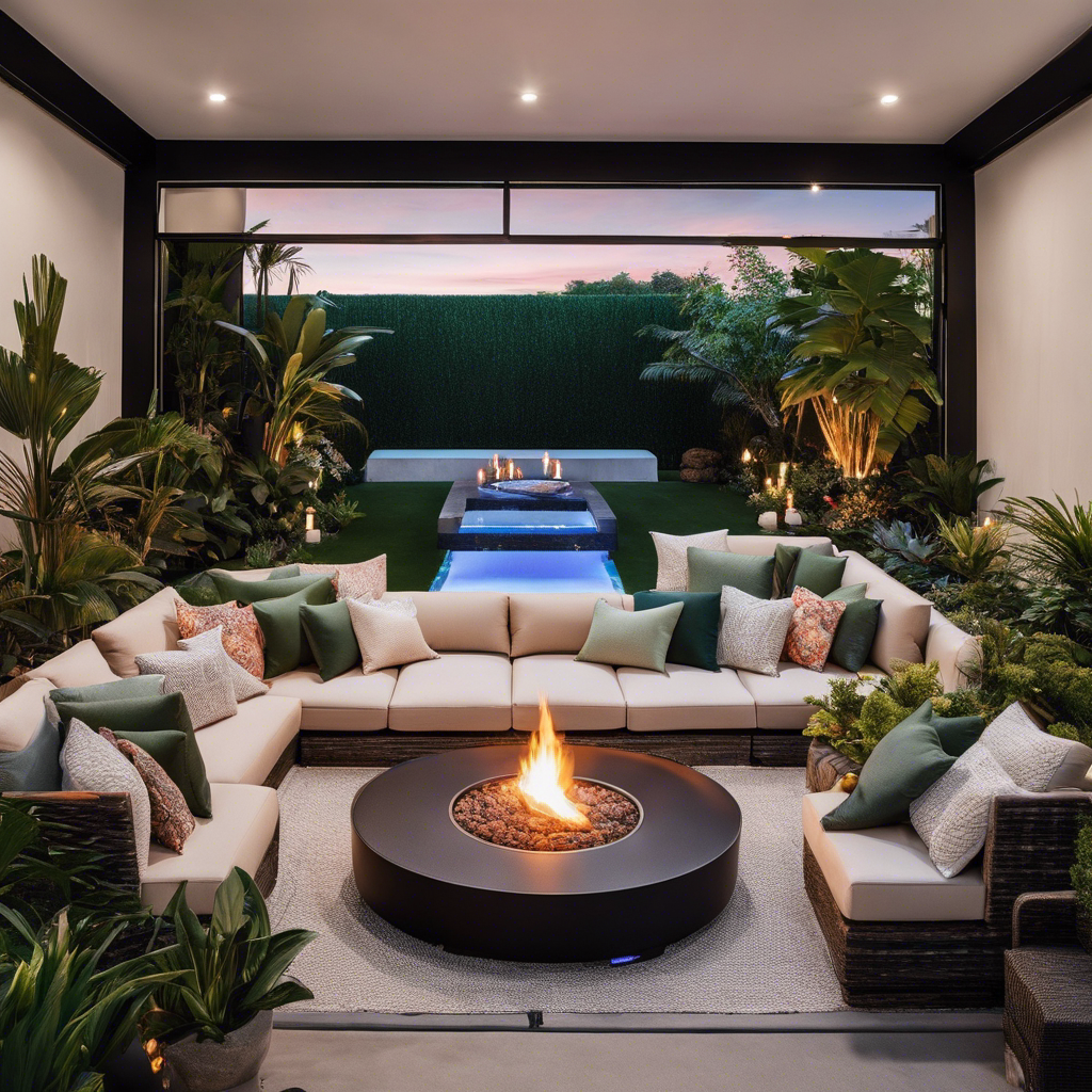 An image showcasing a breathtaking outdoor oasis with a sleek, minimalist sofa adorned with plush cushions in vibrant hues, surrounded by a curated assortment of potted plants, a chic fire pit, and elegant outdoor lighting