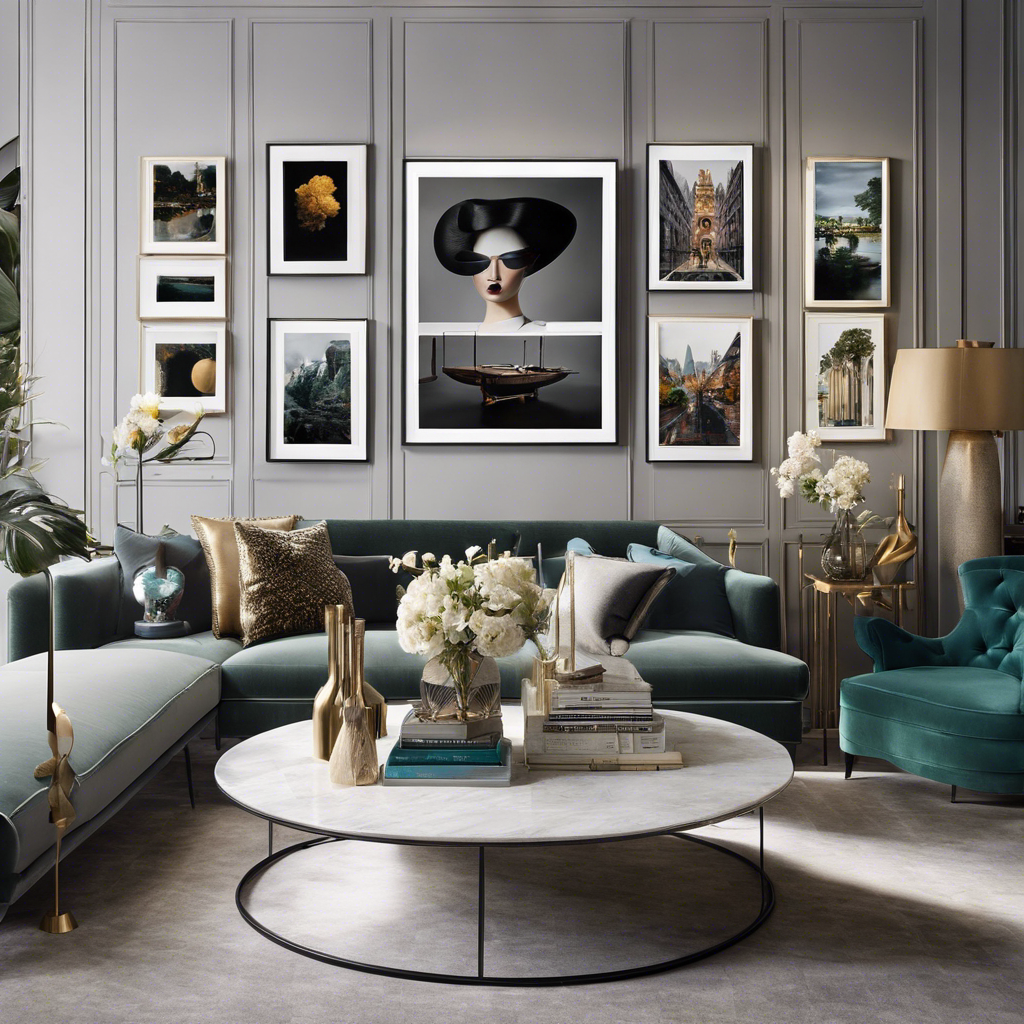 An image showcasing an elegant living room adorned with a meticulously curated art display
