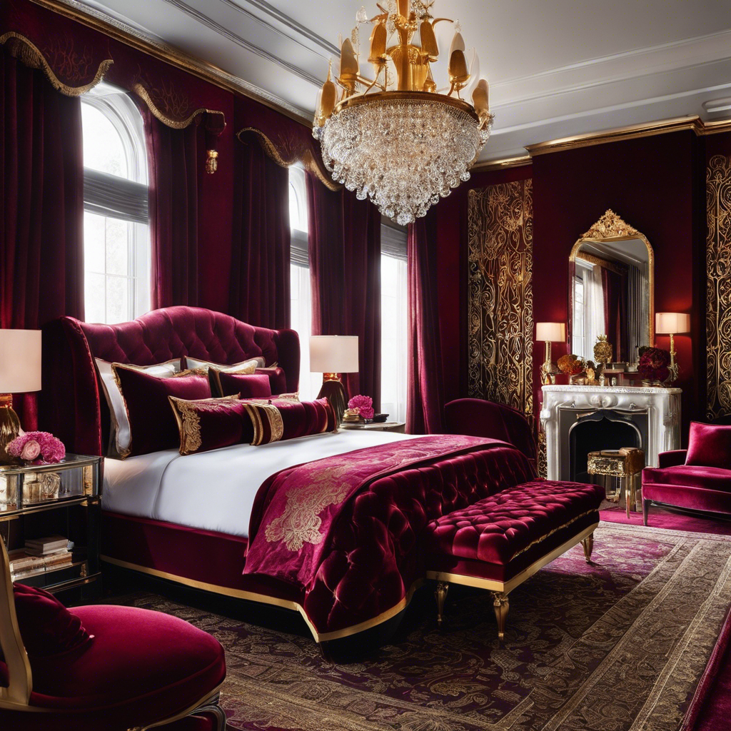 An image showcasing opulent bedroom designs with elegant color schemes