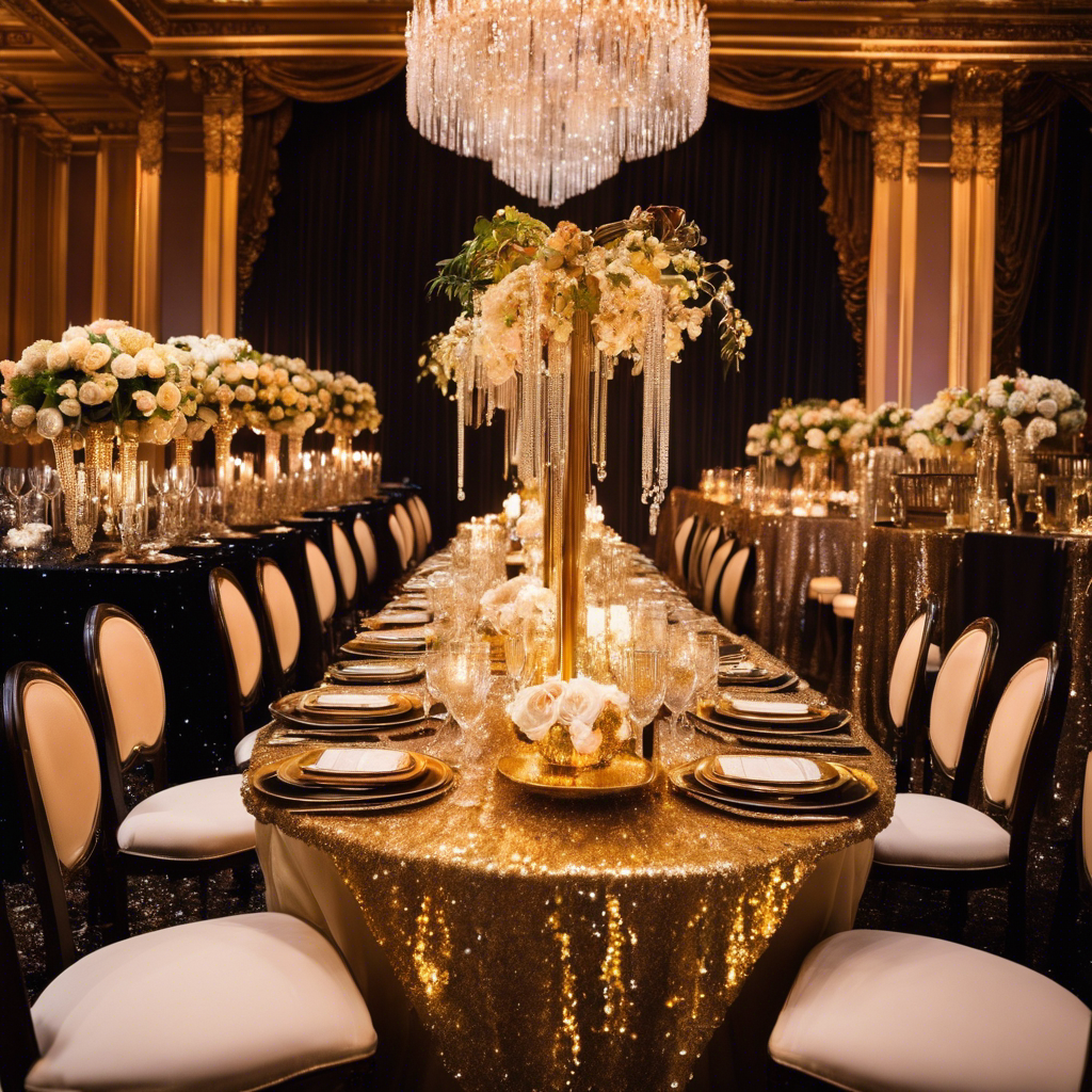 An image capturing the opulence of a decadent party: a lavishly adorned table with glistening gold cutlery, sparkling crystalware, and ornate floral centerpieces amidst a backdrop of shimmering sequined linens and cascading chandeliers
