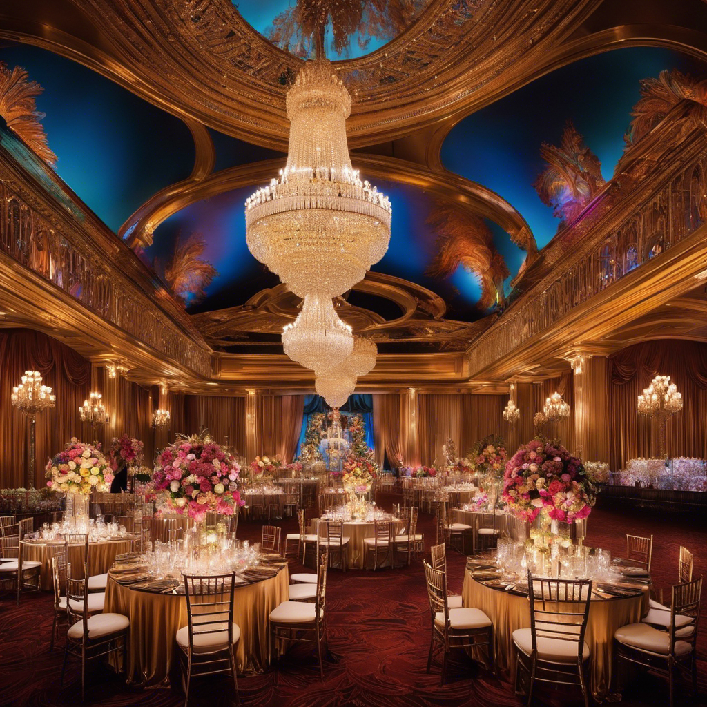 An image of a glamorous ballroom with crystal chandeliers casting a warm glow over elegantly dressed guests in opulent attire