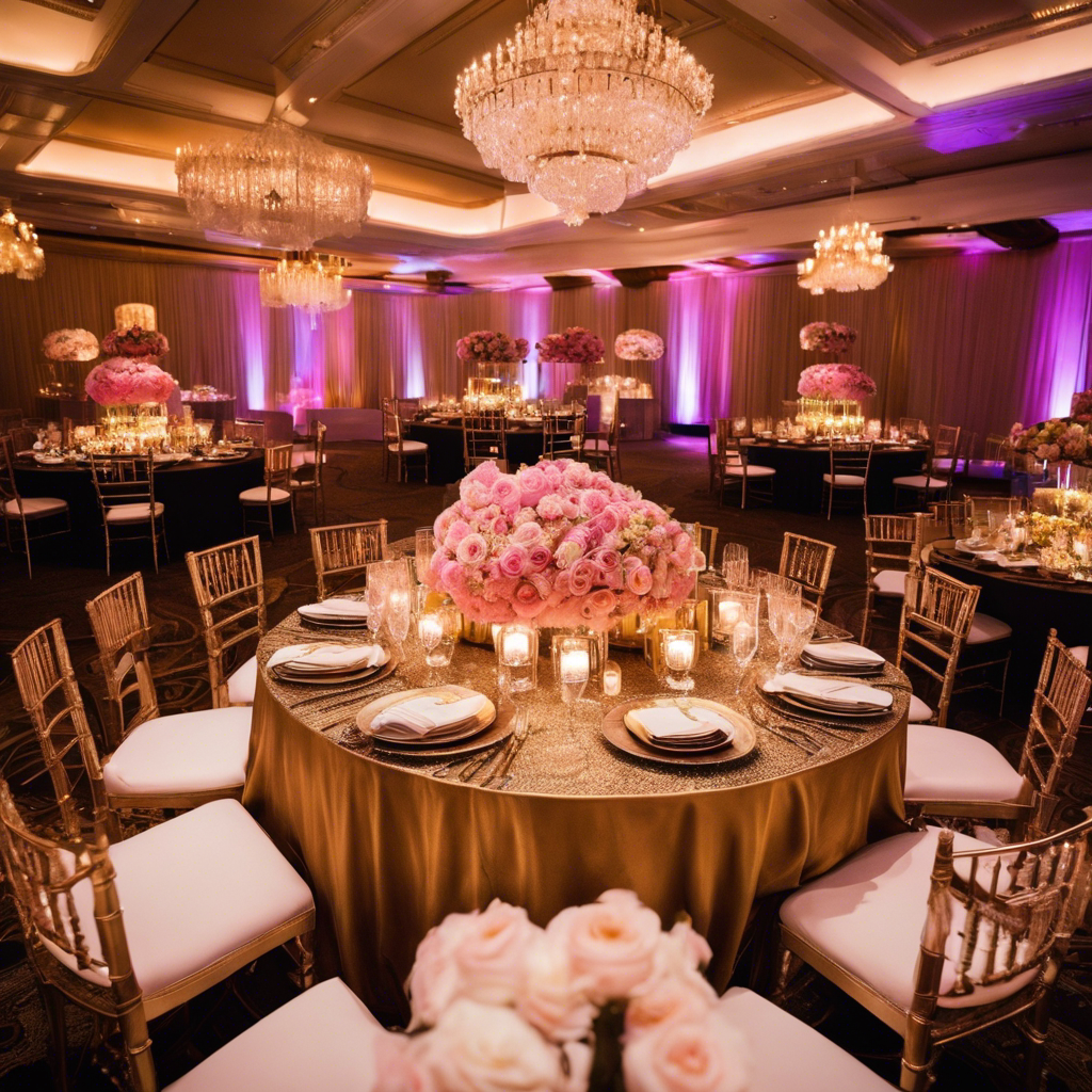 An image of a sophisticated event planner meticulously coordinating an extravagant party, surrounded by an opulent array of flowers, elegant table settings, and a team of dedicated staff, ensuring every detail is flawlessly executed