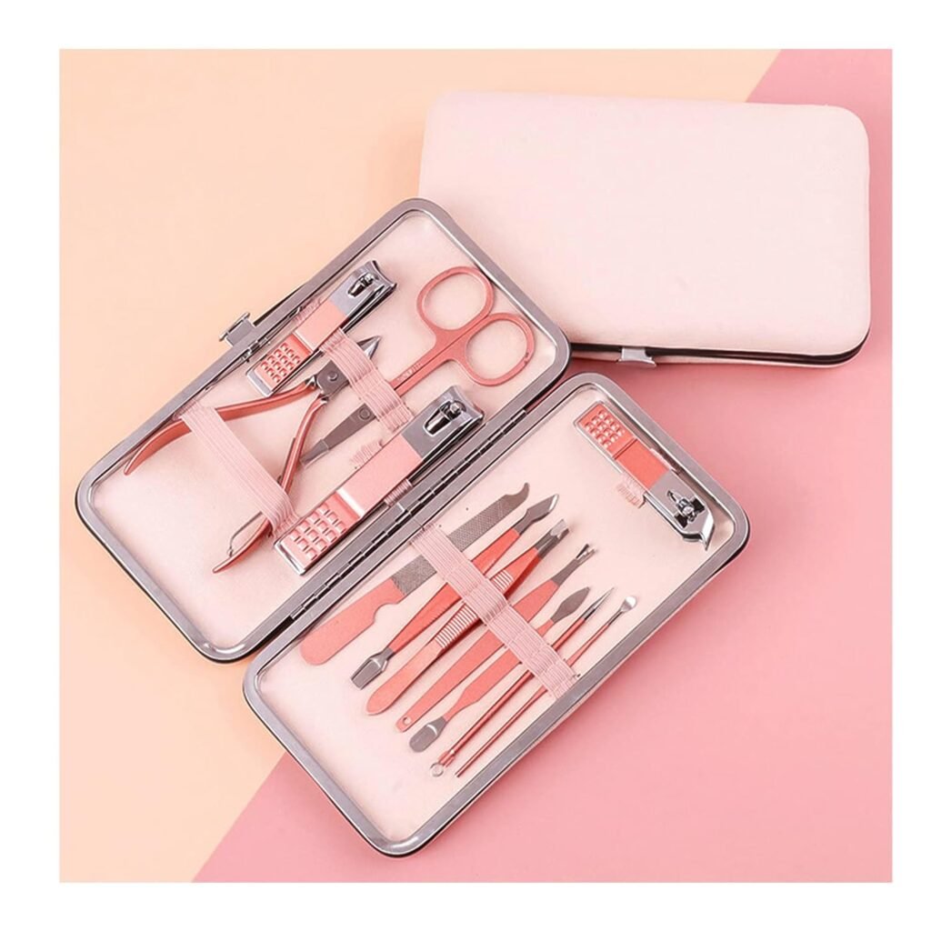 Pink Manicure Set Beauty Tool Portable 12 in 1 - Nail Clipper Pedicure Grooming Kit Stainless Steel Luxury Leather Travel Case, for Woman Girl Home Travel Gift Giving