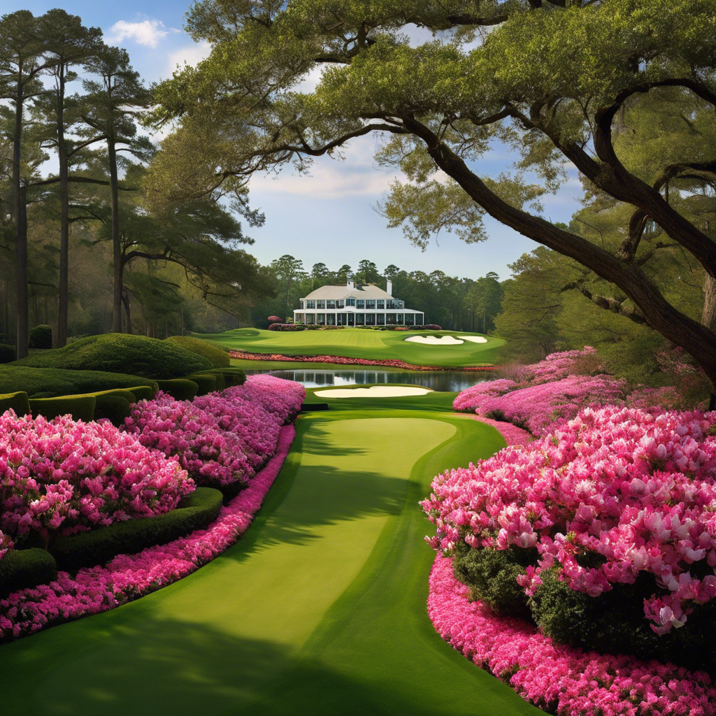  the essence of Augusta National Golf Club with an image of its iconic Magnolia Lane, flanked by perfectly manicured azaleas, leading the eye towards the majestic clubhouse, showcasing the club's unparalleled elegance and beauty