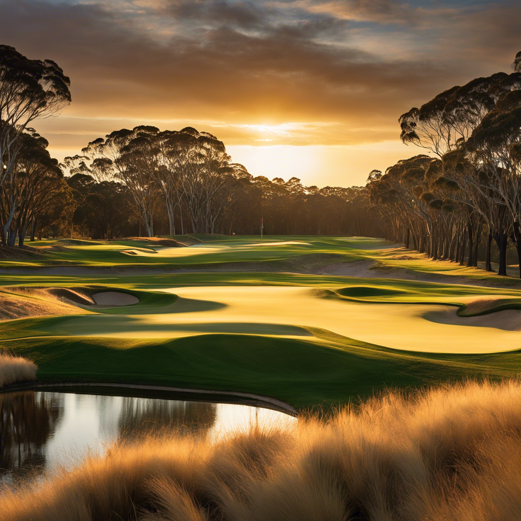 An image showcasing the pristine fairways of Royal Melbourne Golf Club, framed by towering eucalyptus trees