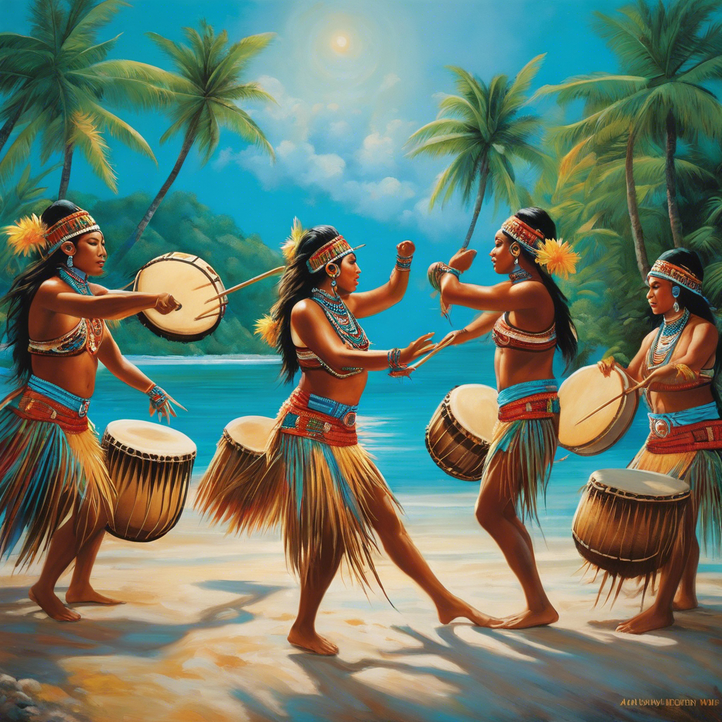 An image capturing the vibrant essence of a secluded island paradise, where indigenous dancers adorned in traditional attire move fluidly to the rhythm of drums, surrounded by lush palm trees and sparkling turquoise waters