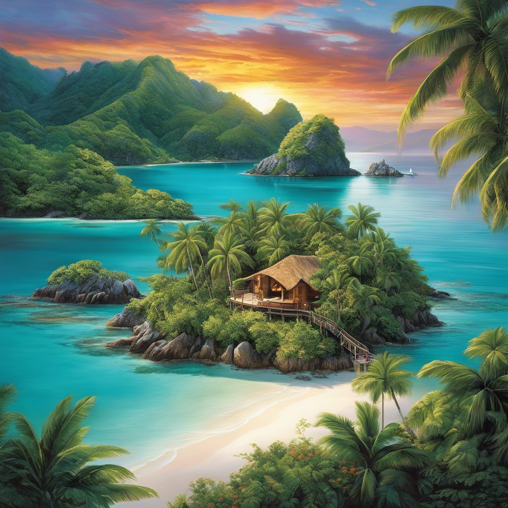  an image capturing the enchanting allure of private islands: crystal-clear turquoise waters gently caressing pristine white sandy beaches, surrounded by lush tropical greenery and embraced by a vibrant sunset sky