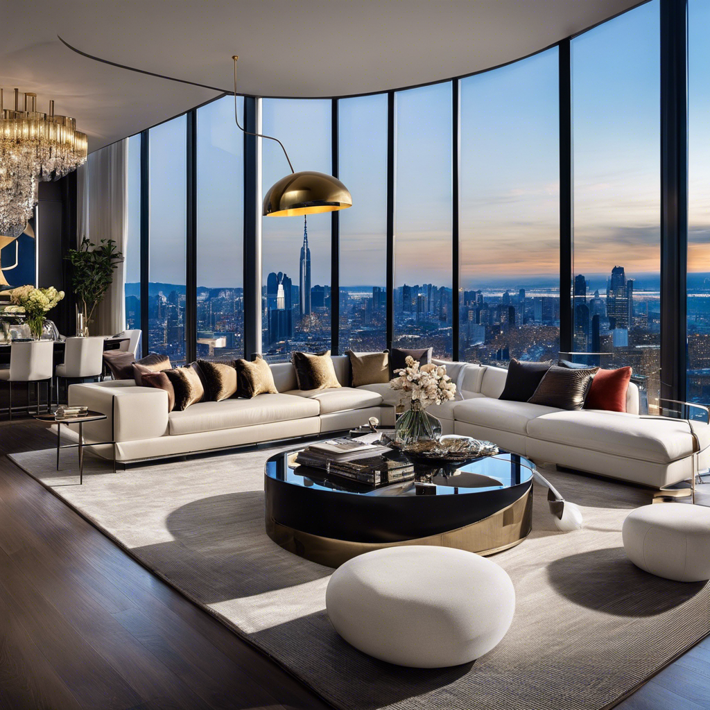 An image showcasing a stylish, modern living room with floor-to-ceiling windows offering breathtaking city views