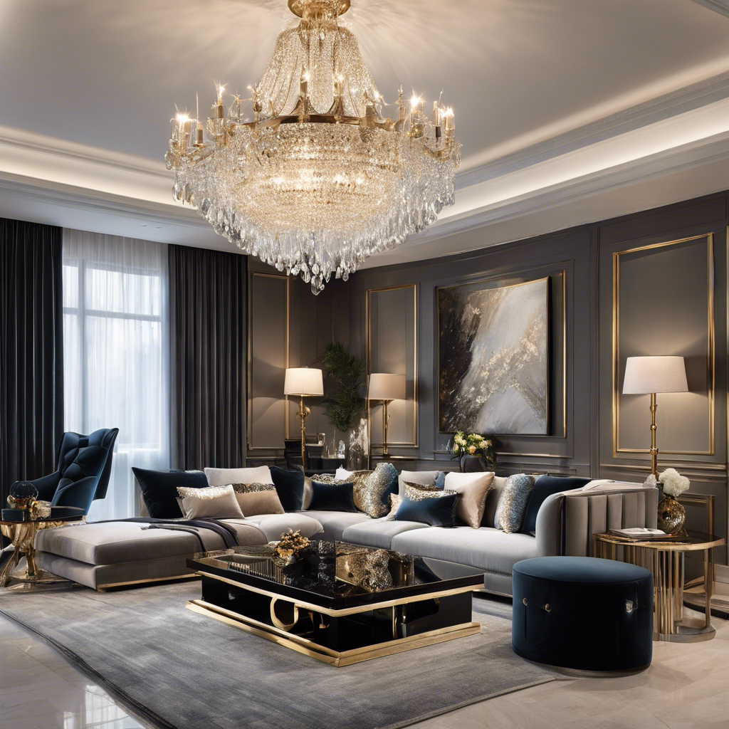 An image showcasing a spacious living room with plush, velvet sofas, adorned with silk throw pillows and a shimmering chandelier hanging above, perfectly illustrating the harmonious blend of opulence and practicality in an elegant interior design