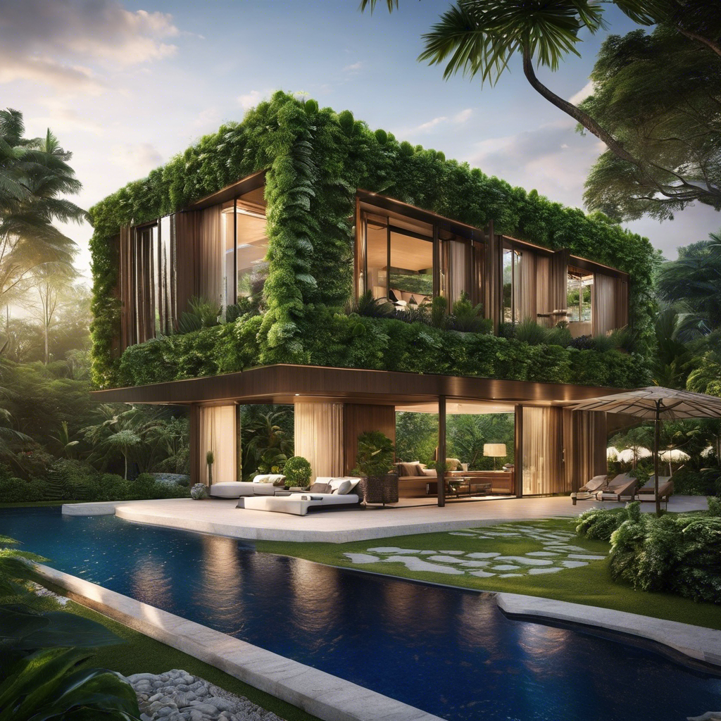 An image showcasing a lush, green forest with a lavish, eco-friendly villa seamlessly integrated into its surroundings