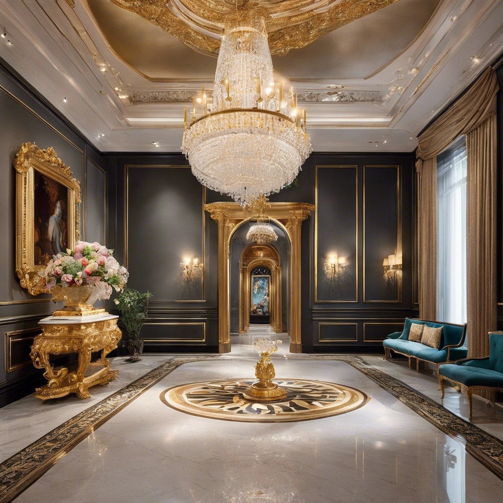 An image showcasing a lavish art gallery adorned with ornate sculptures, vibrant paintings, and elegant chandeliers