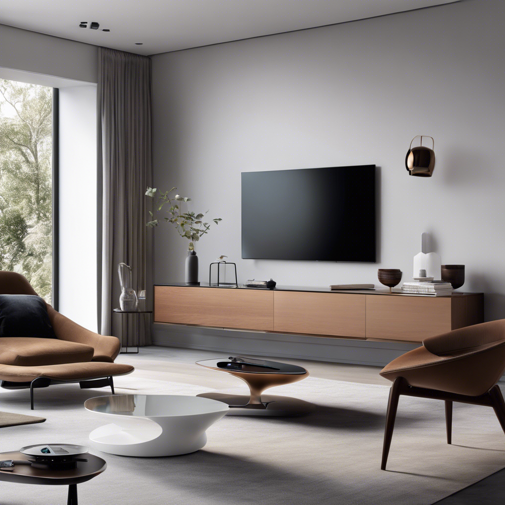 An image showcasing a sleek, minimalist living room adorned with state-of-the-art gadgets like a voice-controlled smart mirror, wireless charging coffee table, and a transparent OLED TV seamlessly blending technology and luxury living
