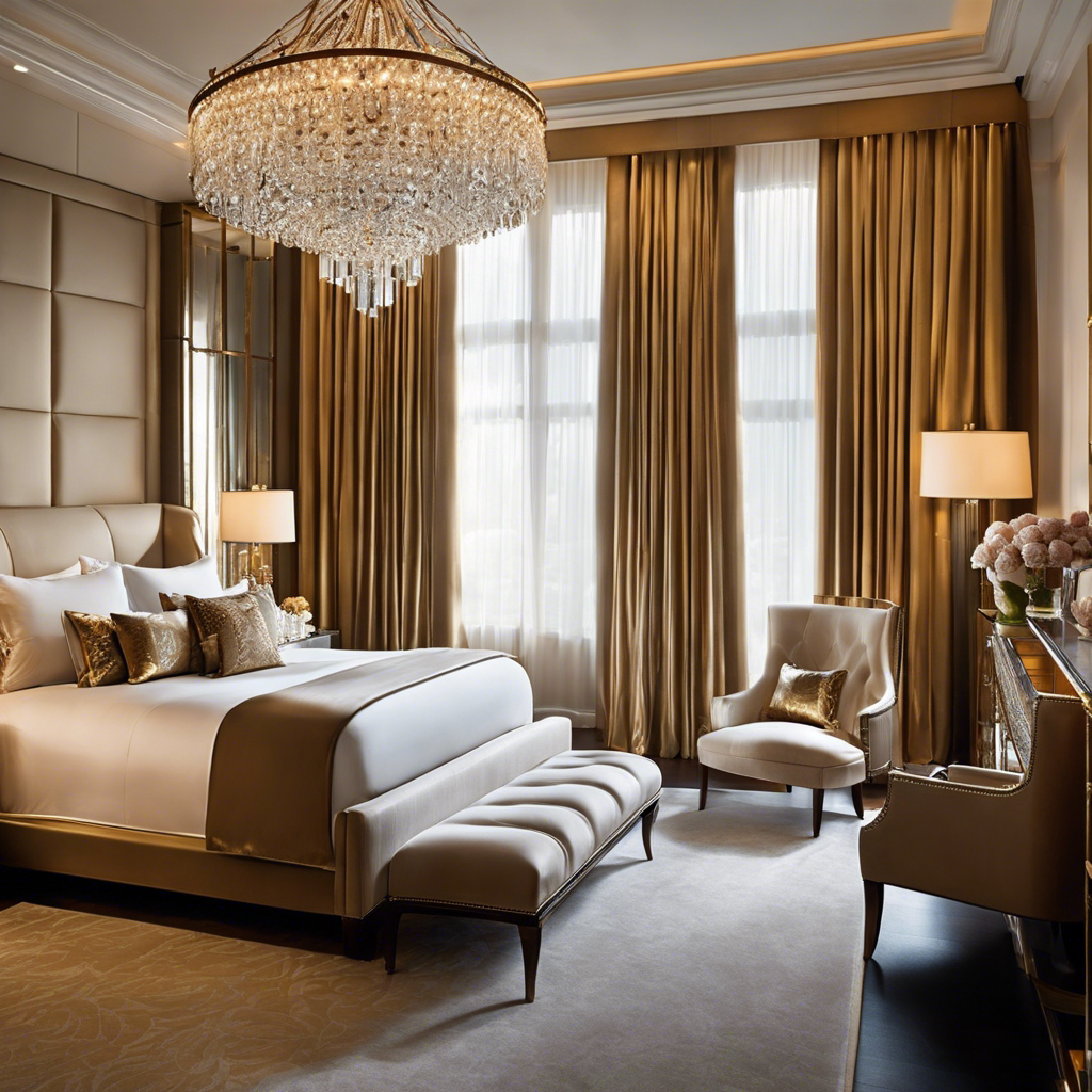 An image showcasing an elegantly adorned bedroom with floor-to-ceiling windows, opulent silk drapes cascading down, a plush king-size bed adorned with silk sheets, and a crystal chandelier casting a warm, golden glow