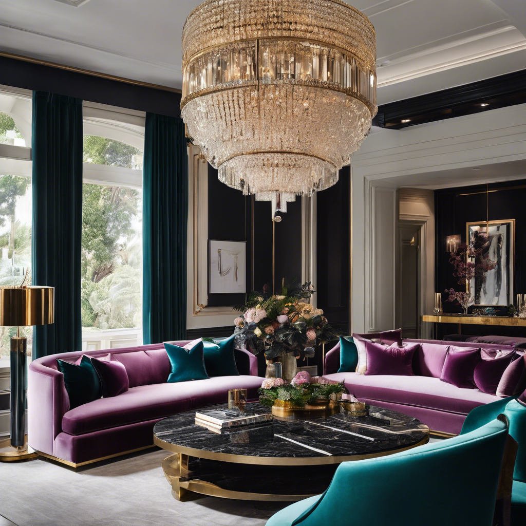 An image showcasing a meticulously curated living room with plush velvet sofas in jewel tones, a sleek marble coffee table, and a contemporary chandelier, exuding opulence and elegance