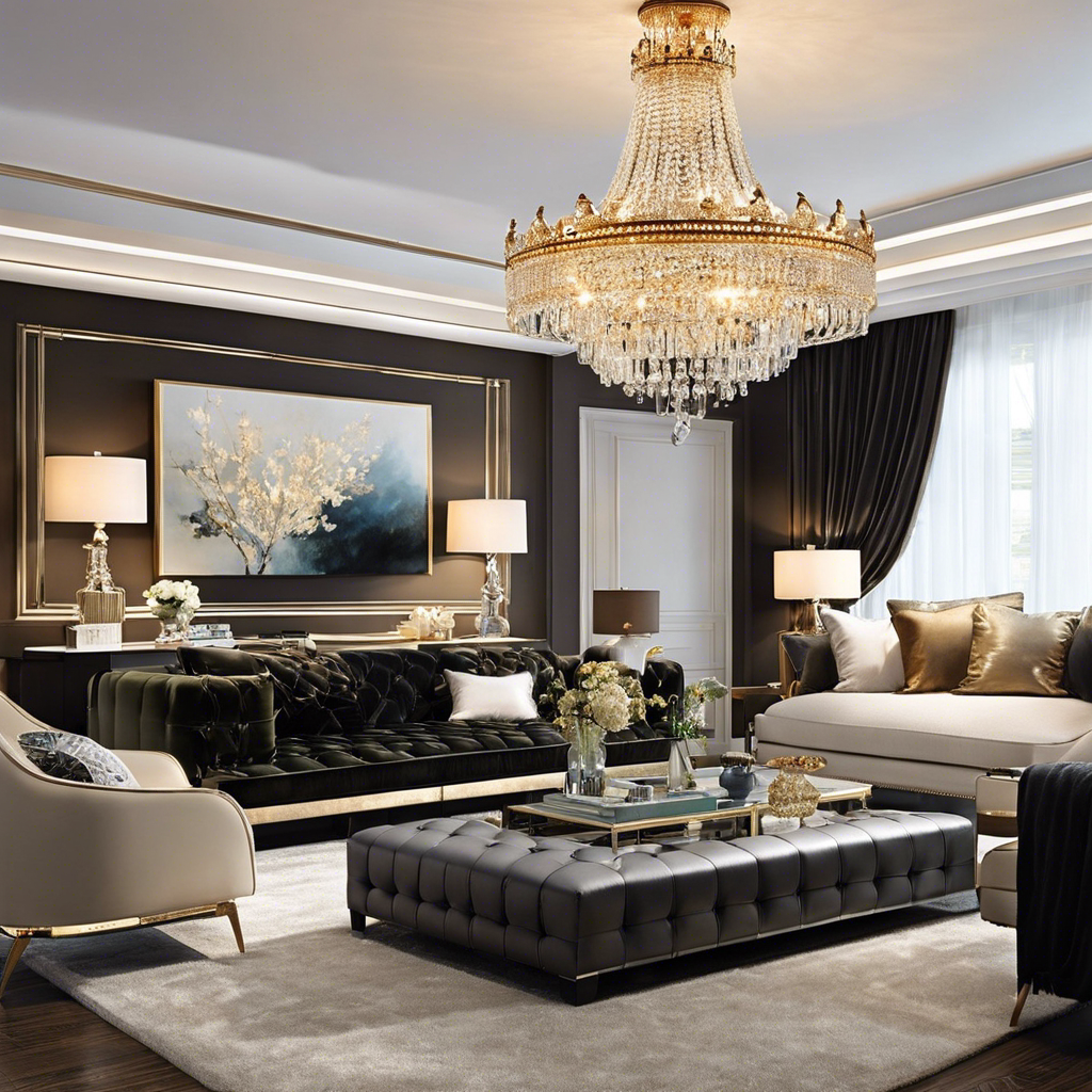 An image showcasing an elegantly designed living room flooded with warm, soft light from a crystal chandelier hanging above, casting a delicate glow on plush velvet furniture and shimmering metallic accents