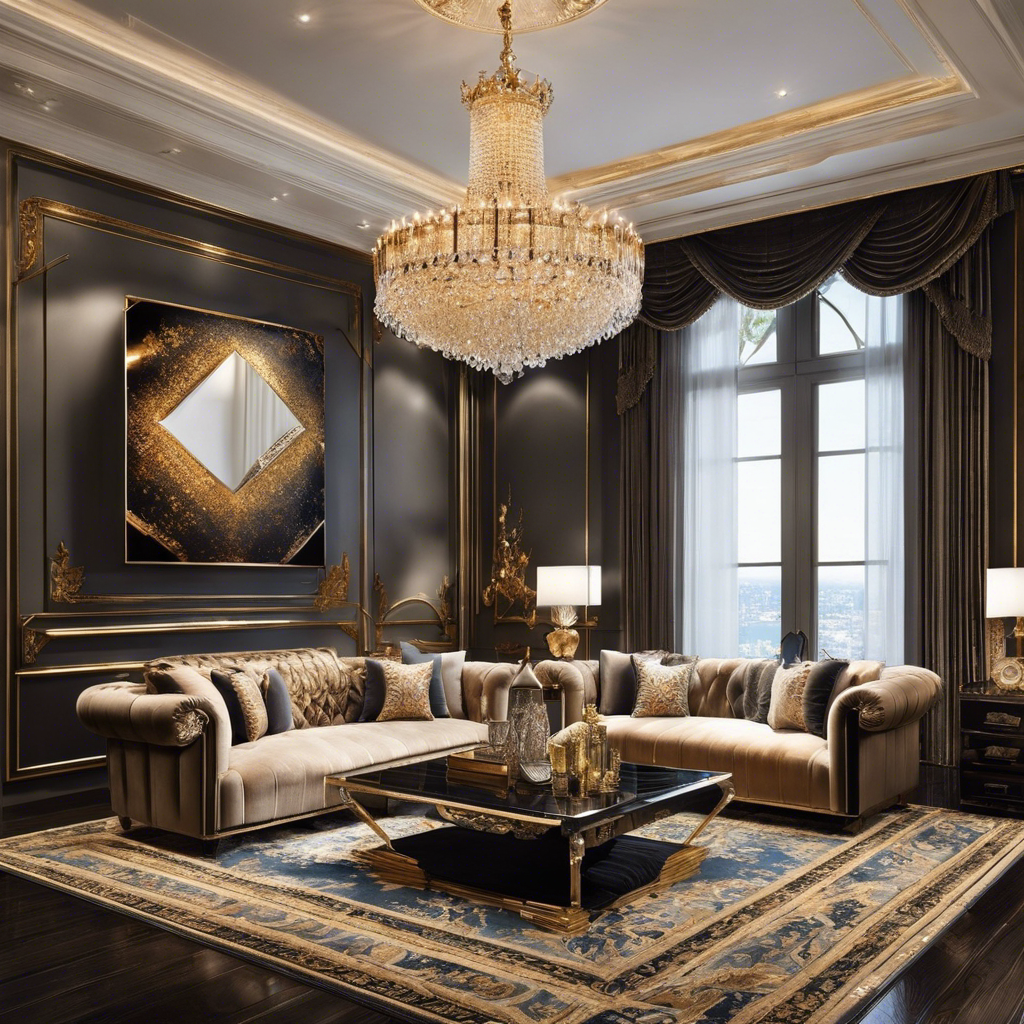 An image showcasing a well-lit, opulent living room adorned with plush velvet throw pillows and an intricately patterned area rug