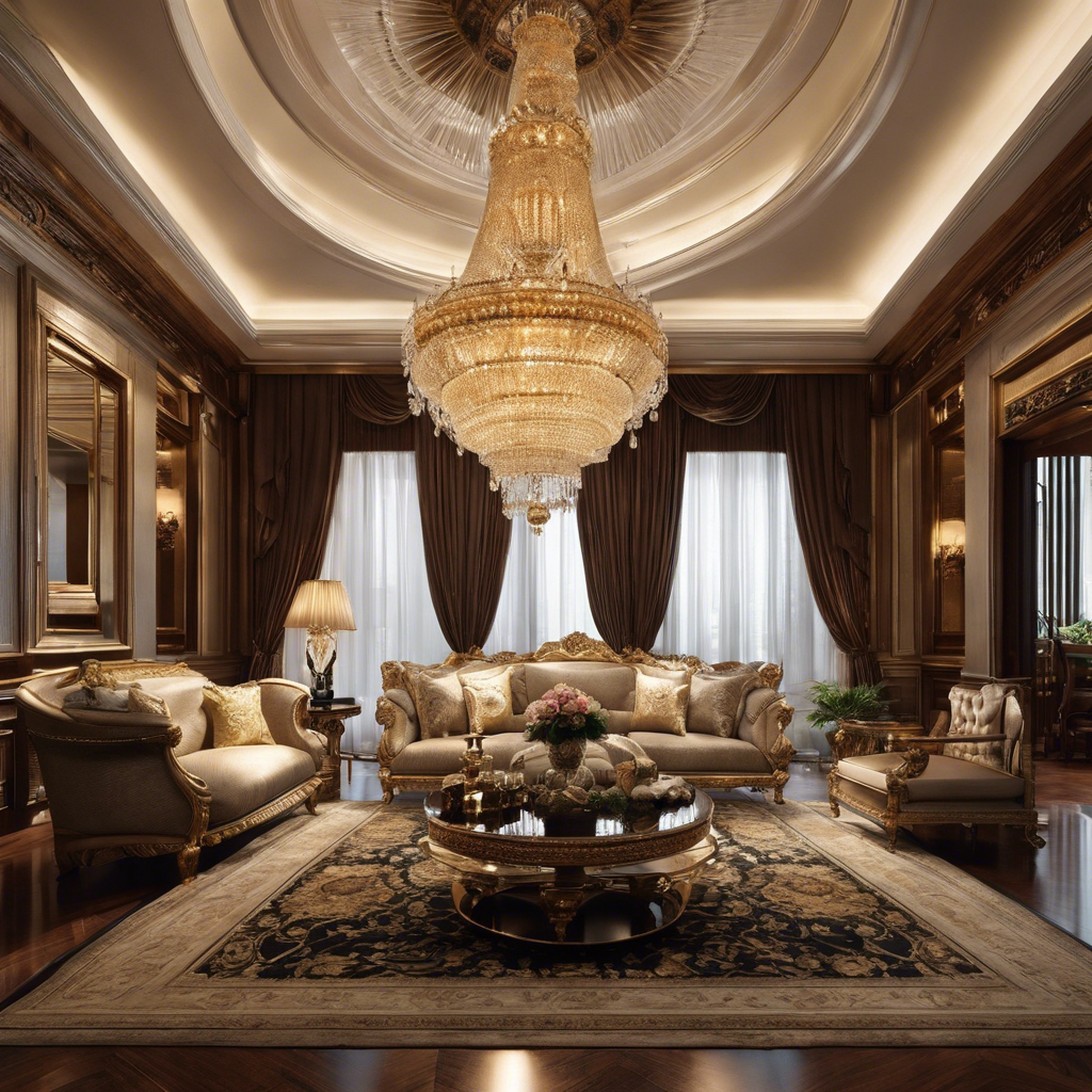 An image showcasing a grand, ornate chandelier hanging elegantly from a high ceiling in a lavishly decorated living room, surrounded by exquisite furniture and opulent decor, to inspire readers with ideas for creating luxurious statement pieces in their homes