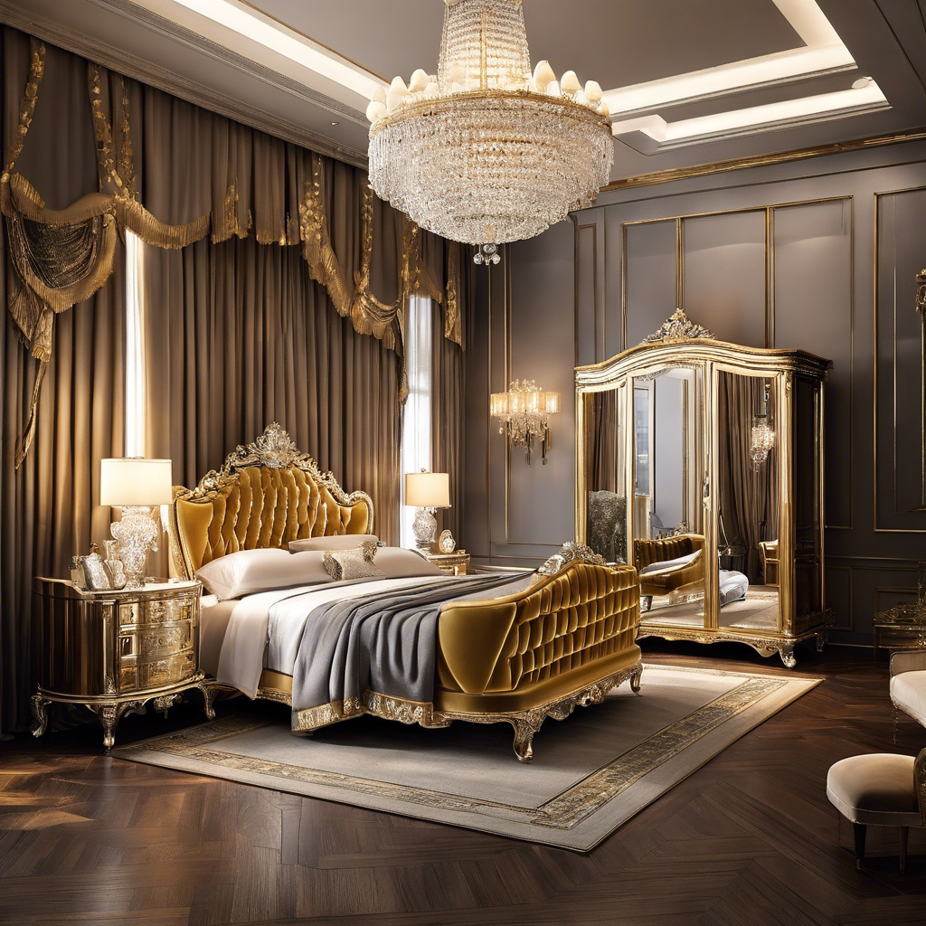 An image showcasing a luxurious bedroom adorned with velvet curtains, a plush canopy bed, delicate crystal chandeliers, and a golden tray with a silver tea set, inviting readers to indulge in regal comfort at home