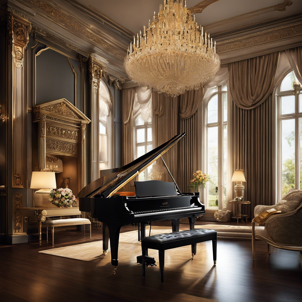 An image showcasing an opulent music room adorned with a grand piano, chandeliers, and exquisite instruments