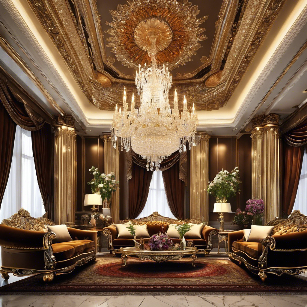 An image showcasing a grand, opulent living room with a glistening crystal chandelier hanging from the elaborately decorated ceiling, luxurious velvet sofas adorned with golden trim, and ornate marble pillars standing tall in the background