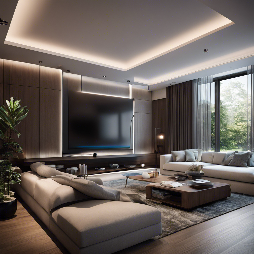 An image showcasing a sleek, modern living room with dimmed ambient lighting, where a voice-controlled virtual assistant effortlessly adjusts the temperature, lighting, and entertainment systems - a perfect illustration of the luxurious possibilities of smart home technology