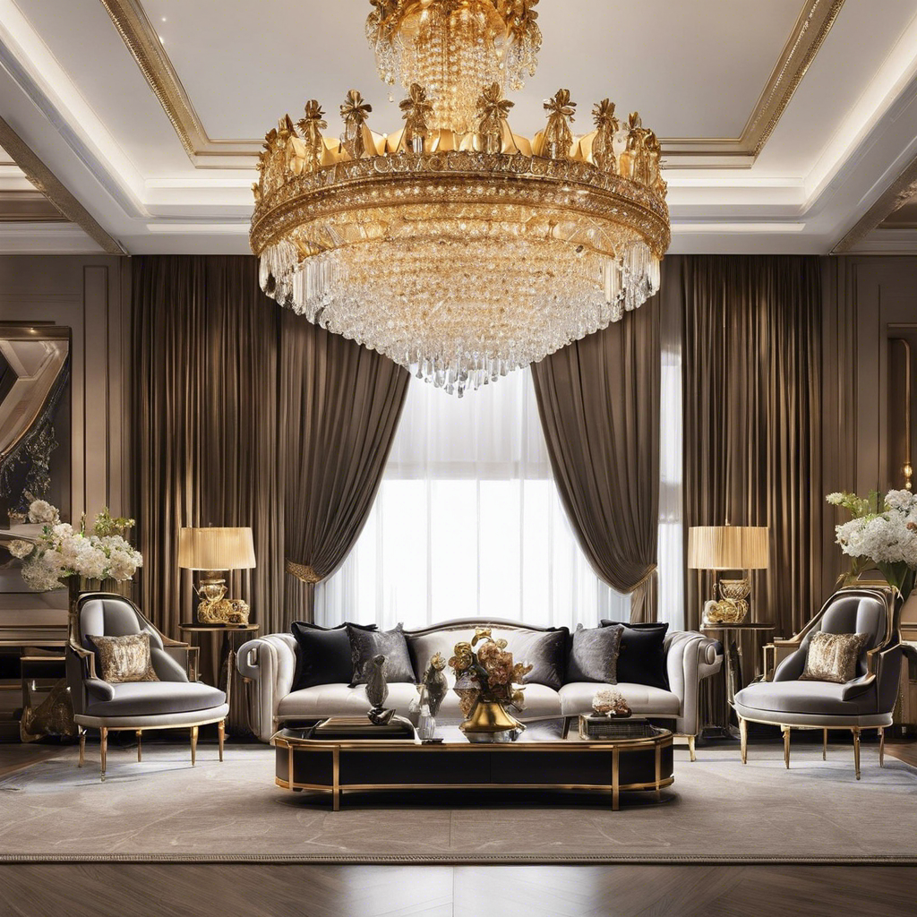 An image showcasing a lavish living room with opulent high-end furniture and decor
