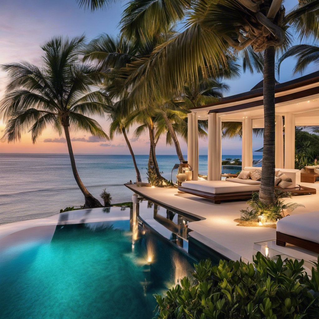 An image capturing a breathtaking beachfront retreat: a secluded, opulent villa nestled among palm trees, with a private infinity pool overlooking crystal-clear turquoise waters and a pristine white sandy beach