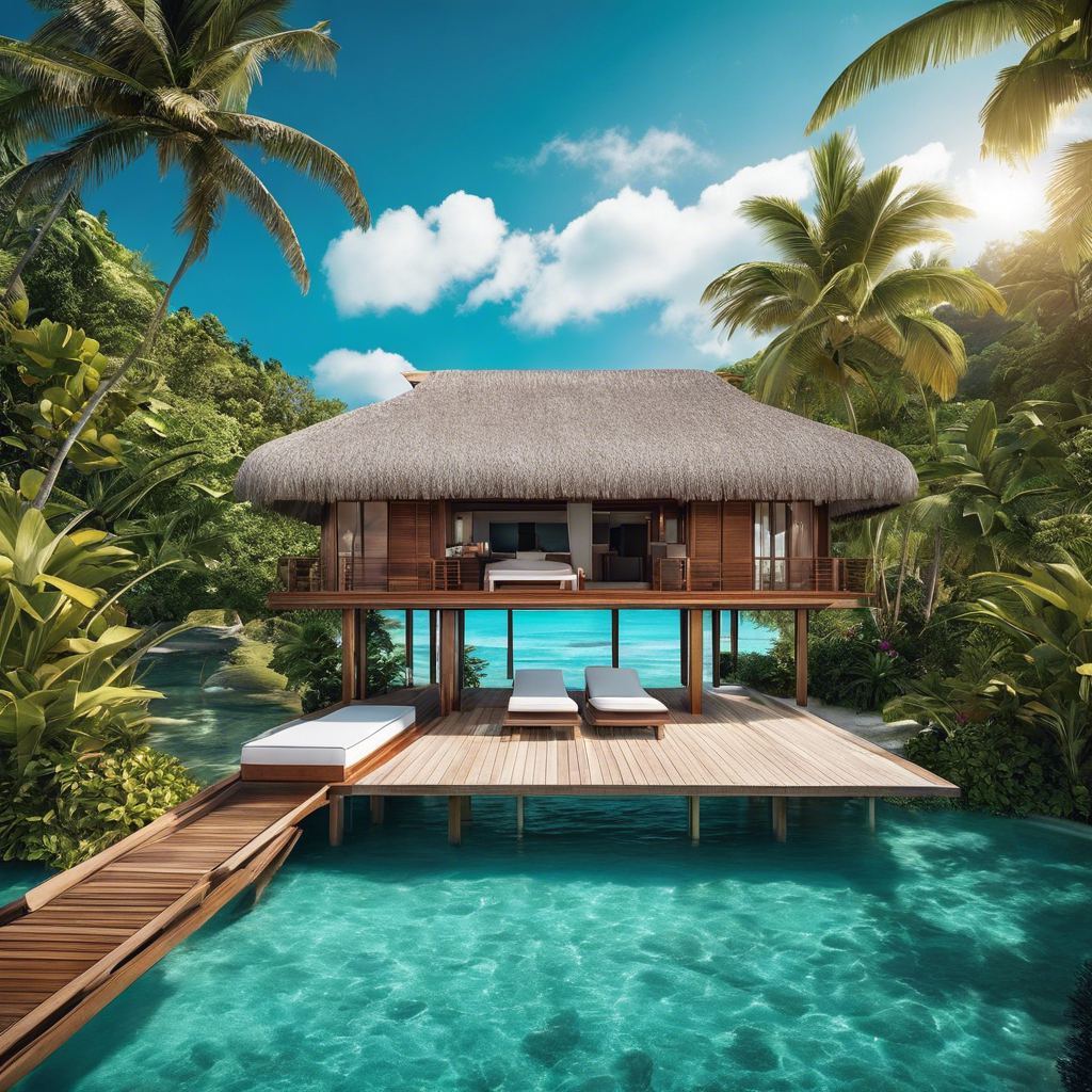 An image showcasing an opulent overwater bungalow perched on crystal-clear turquoise waters, with a private infinity pool overlooking the horizon, a plush sunbed, and a wooden deck adorned with vibrant tropical flowers
