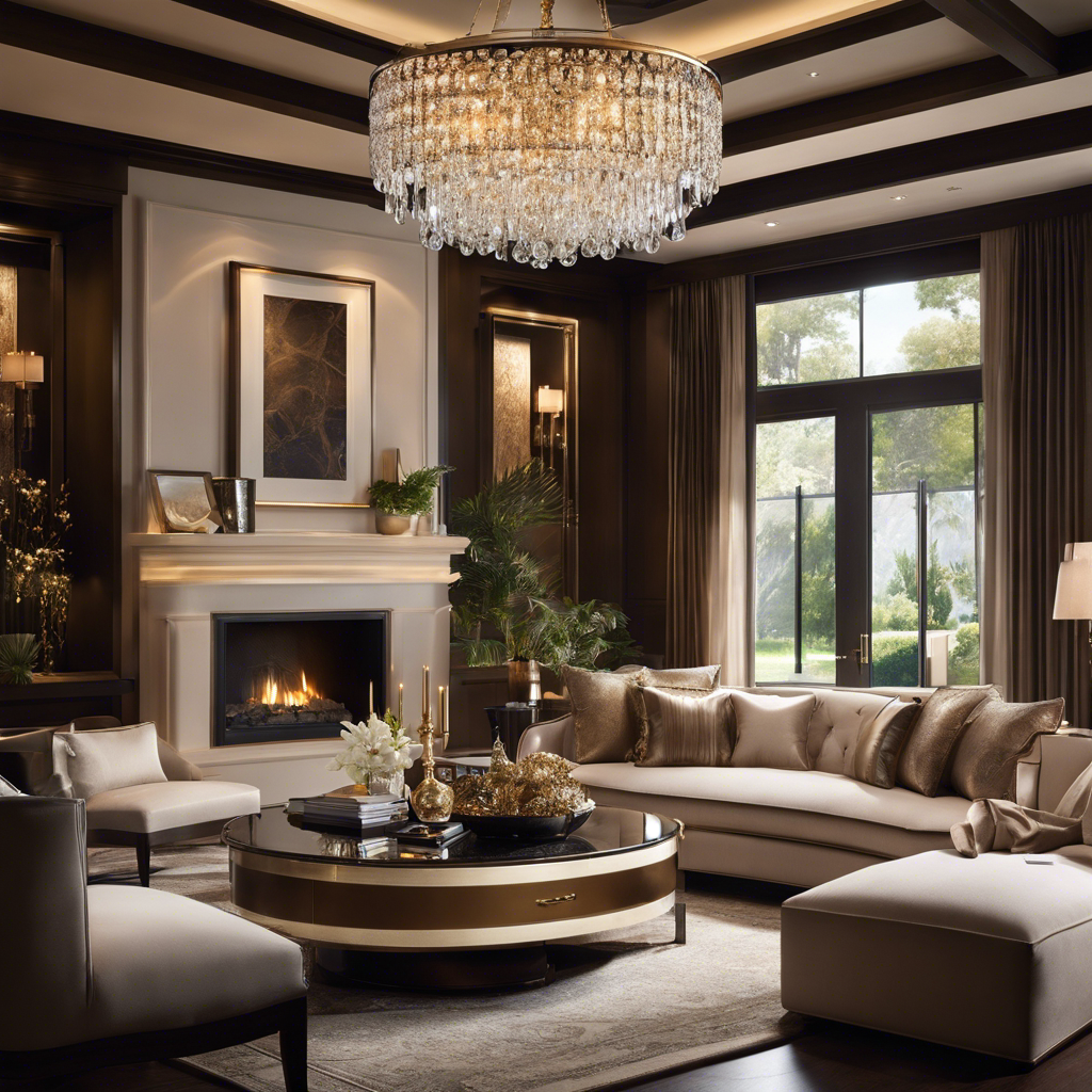 An image capturing the essence of a luxurious retreat by showcasing a stunning chandelier casting a warm, gentle glow, illuminating a tastefully decorated living room with soft, ambient lighting, exuding elegance and tranquility