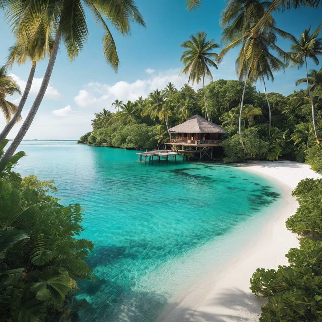 An image showcasing a crystal-clear turquoise lagoon, fringed by powdery white sands, where a private villa perches on stilts above the water, surrounded by lush tropical greenery and swaying palm trees