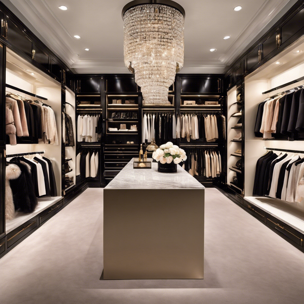 An image showcasing a glamorous walk-in closet filled with meticulously organized racks of opulent designer clothing, adorned with luxurious accessories, and bathed in soft, ethereal lighting, evoking the essence of high-end fashion